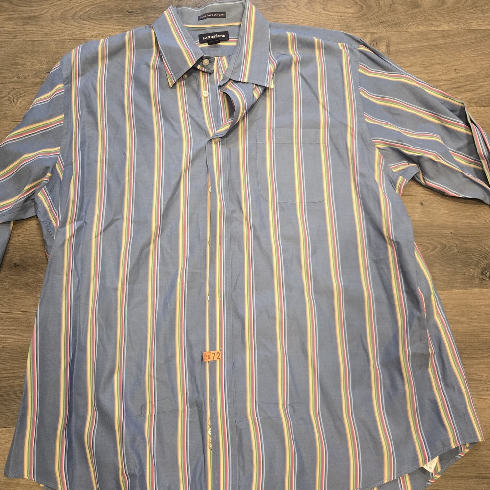 LANDS END Mens Dress Shirt Rainbow Stripe Super Fine 2-Ply Yarn Sz 17 1/2 34 35